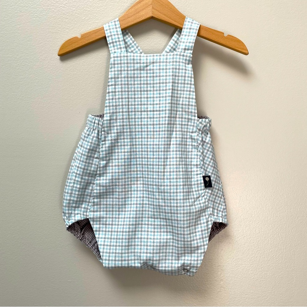 NWOT Classic Childhood romper- blue plaid and mushroom polka dot reversible